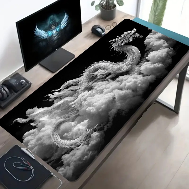 Desk Setup Black And White - لوحة ماوس للألعاب بتصميم التنين باللونين
