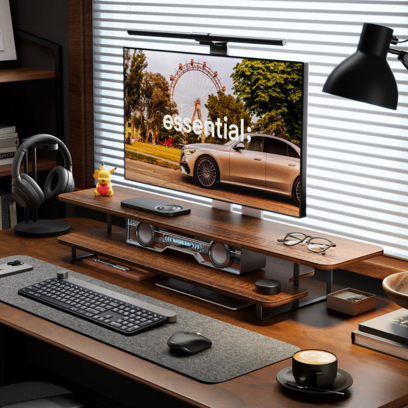 حامل شاشة بتشطيب خشب الجوز، من - مراجعة Desk Setup Monitor And Laptop وسعره
